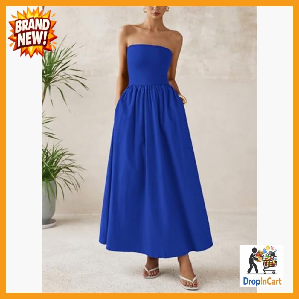 Elegant Strapless Maxi Dress Formal Wedding Party Cocktail Boho Chic - Picture 2 of 7
